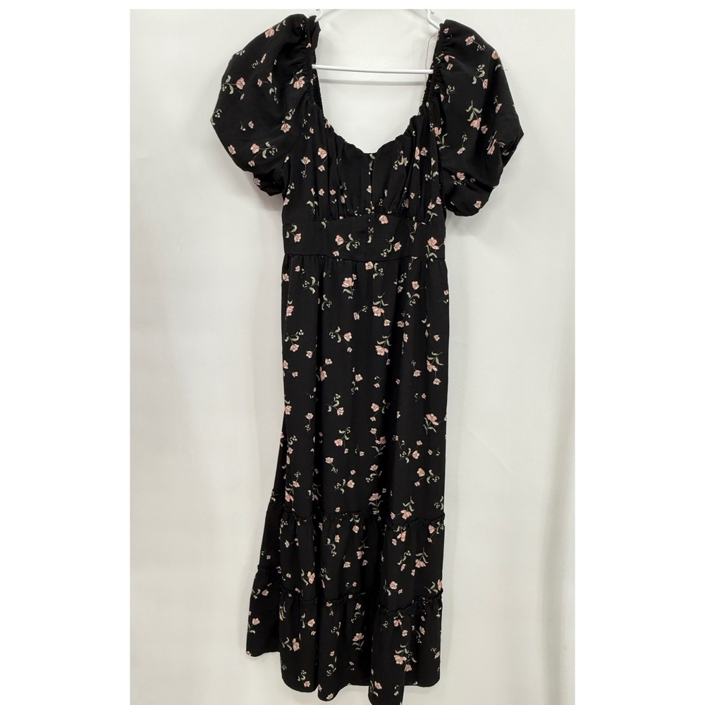 Inspired Hearts Large Maxi Dress W Black Pink Floral Puff Sleeve Tiered Boho